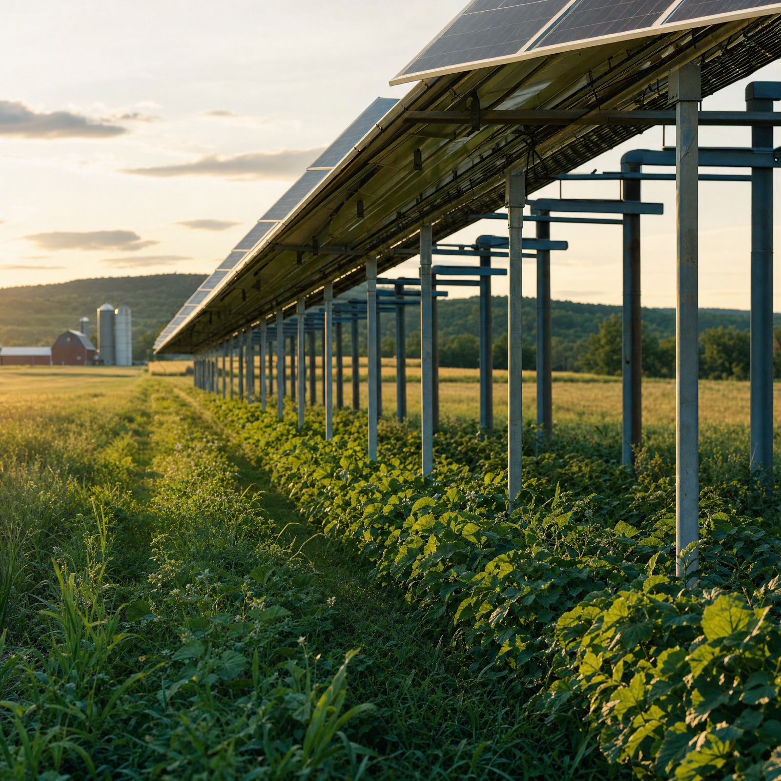 Agrivoltaics — elevated solar panels over rows of crops at golden hour with a barn beyond