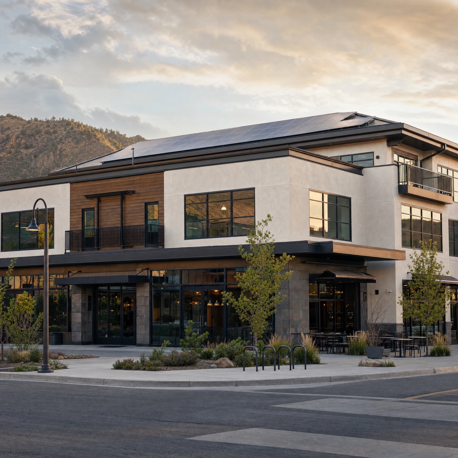 A modern mixed-use commercial building with rooftop solar at golden hour