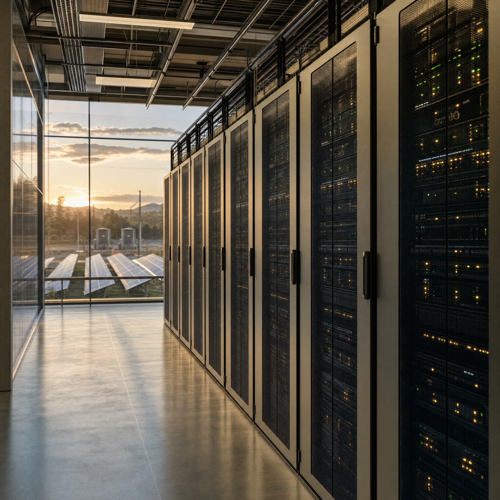 Server racks in a data hall with on-site solar and storage visible through the glass at sunset
