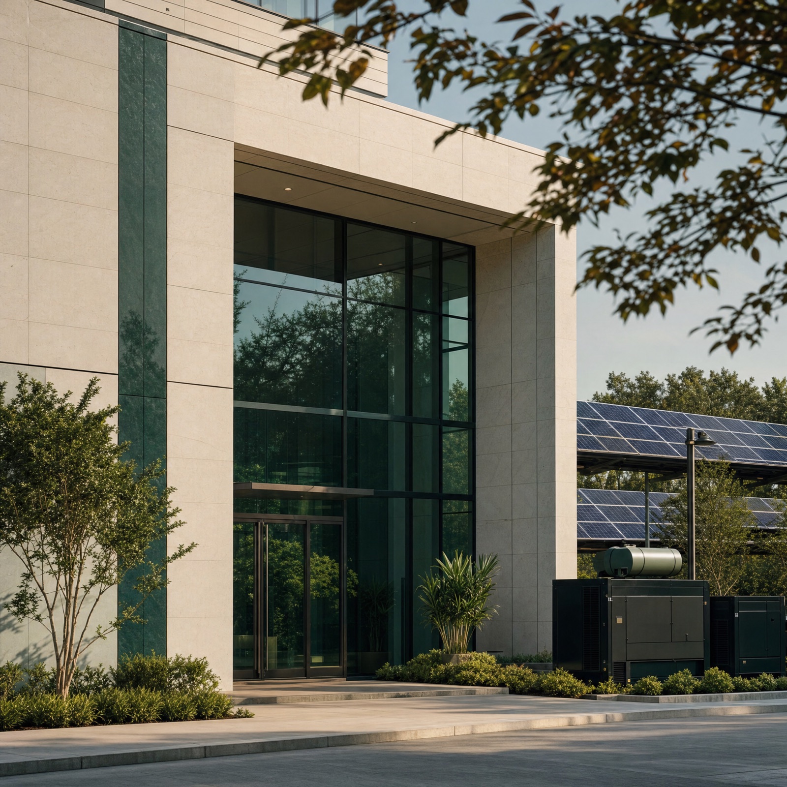 A corporate bank building of stone and glass with backup power and a solar carport