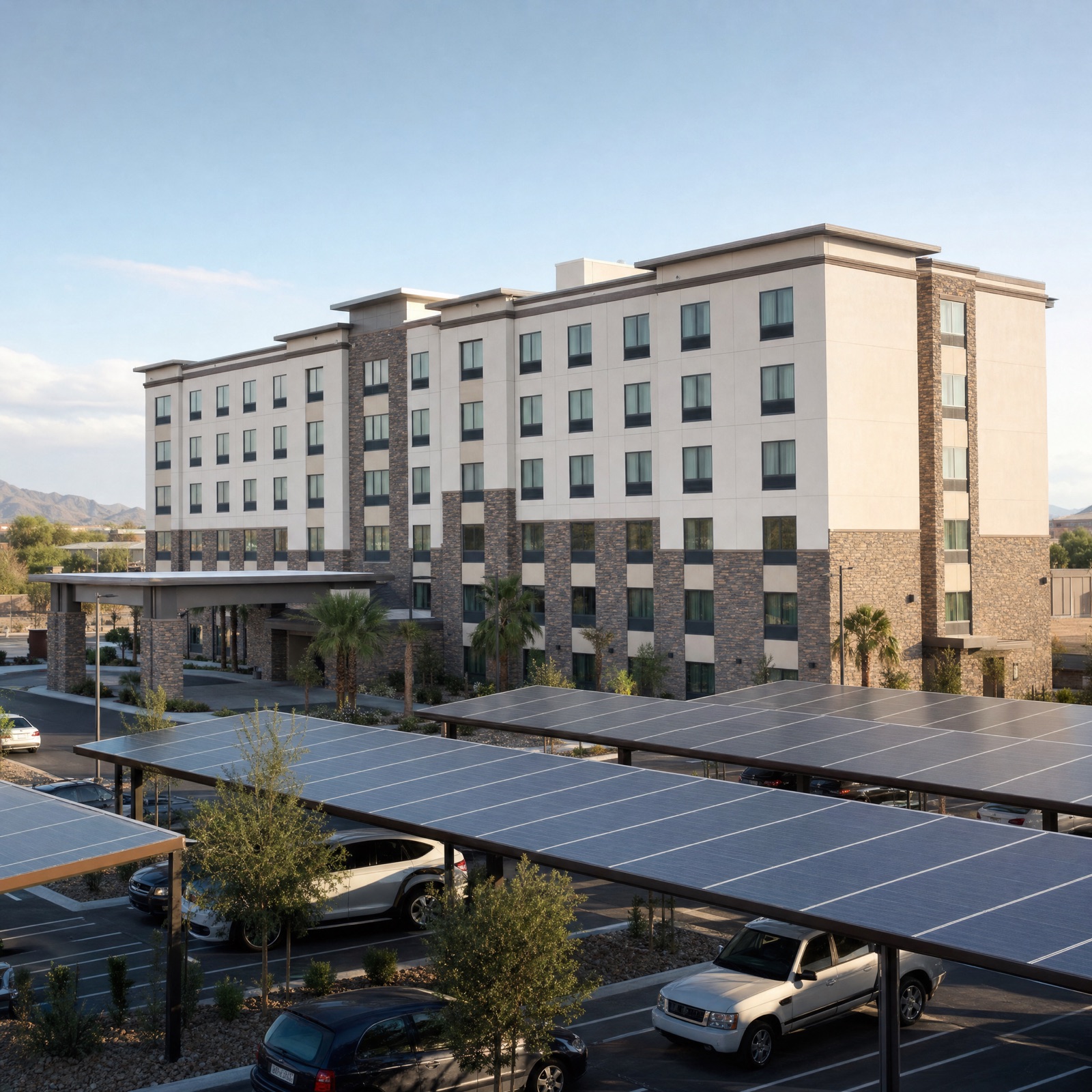 A modern hotel with solar carports over its parking lot