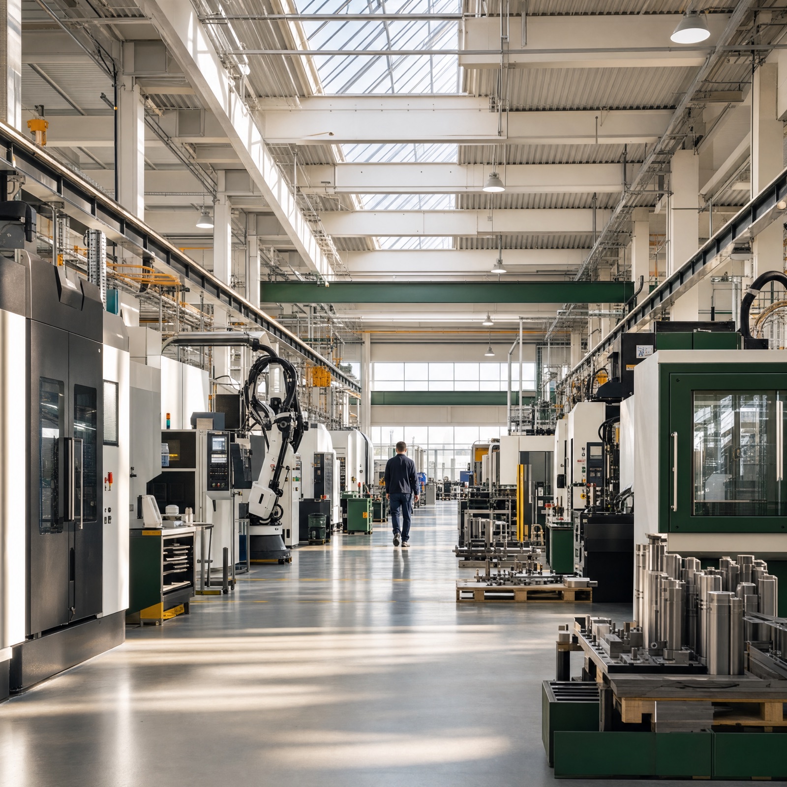A modern manufacturing floor with CNC machinery under bright skylights