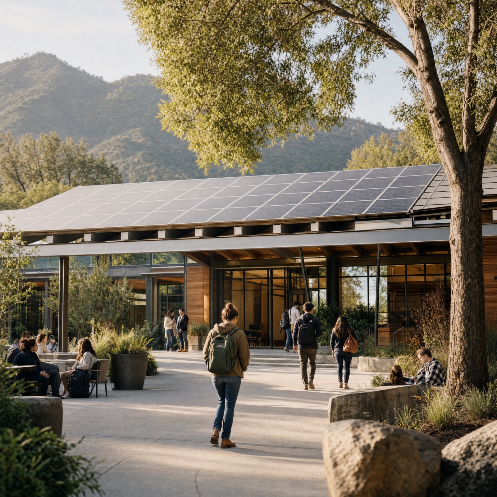 A campus building with rooftop solar and students outside