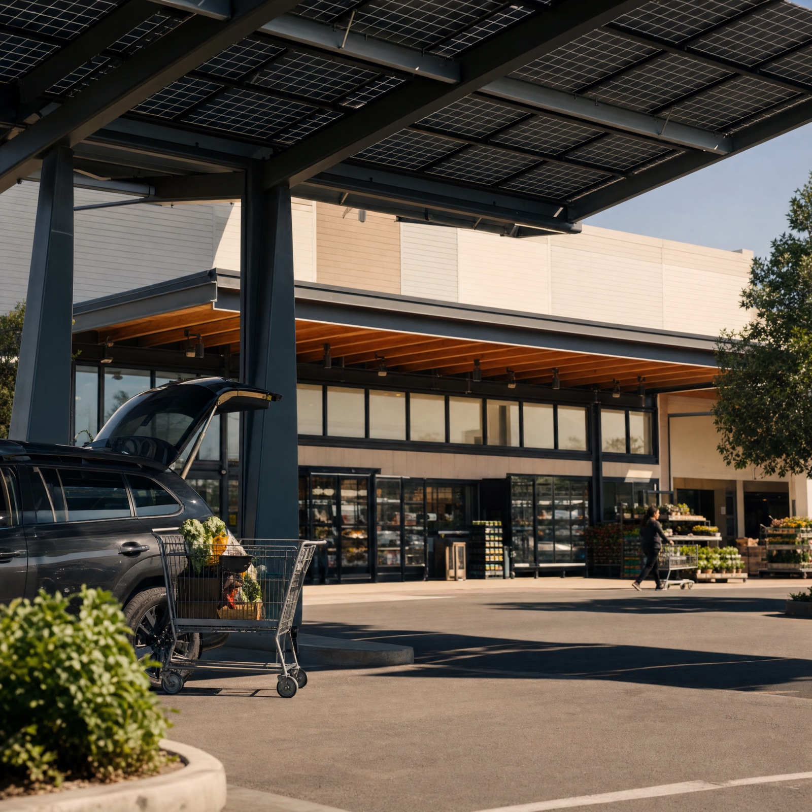 A grocery storefront with solar-covered parking canopy and shopping carts