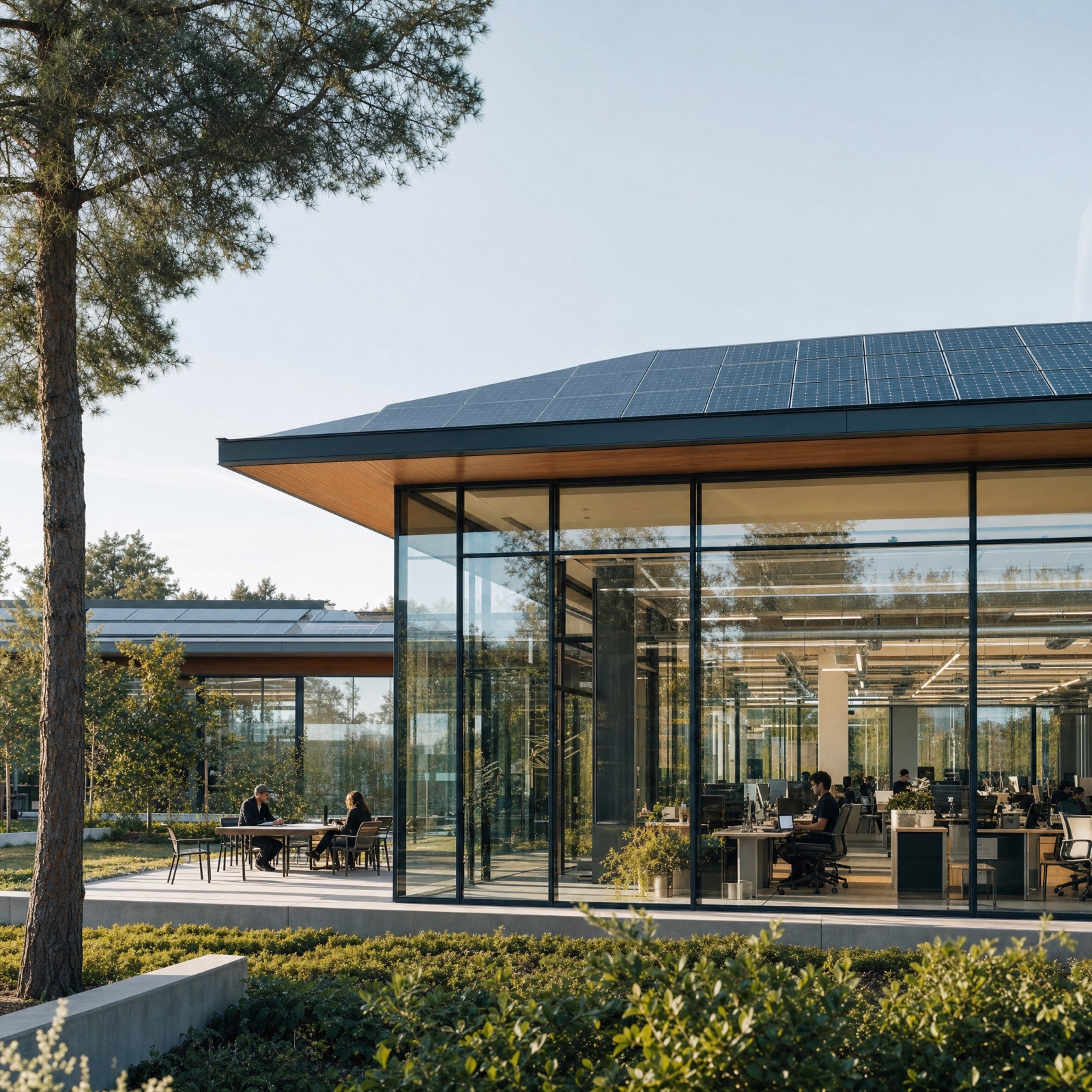 A modern glass tech office with rooftop solar and open workspace
