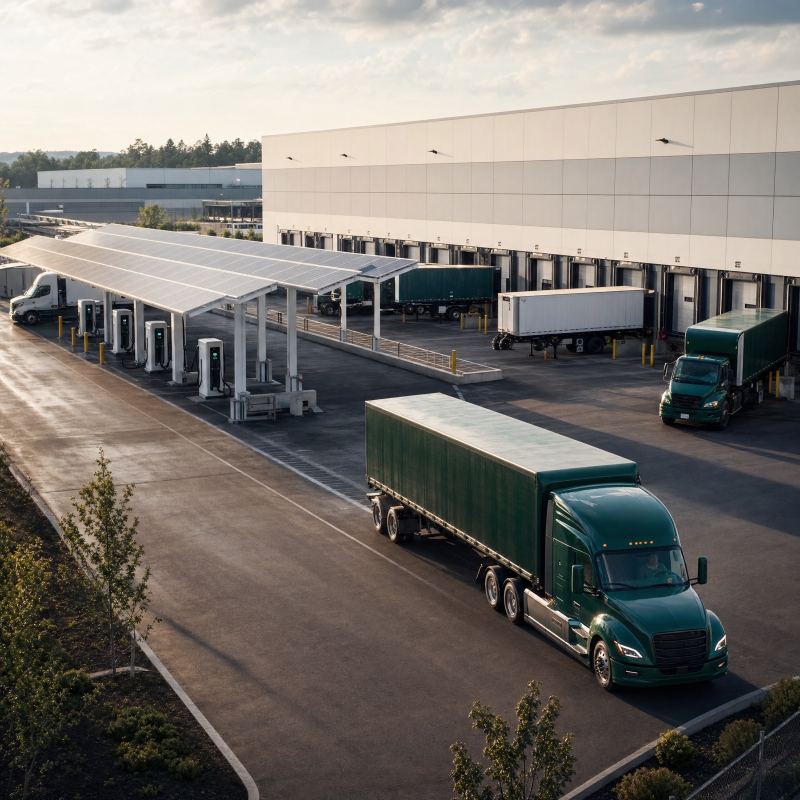 A distribution depot with loading docks, trucks, and EV chargers under a solar canopy