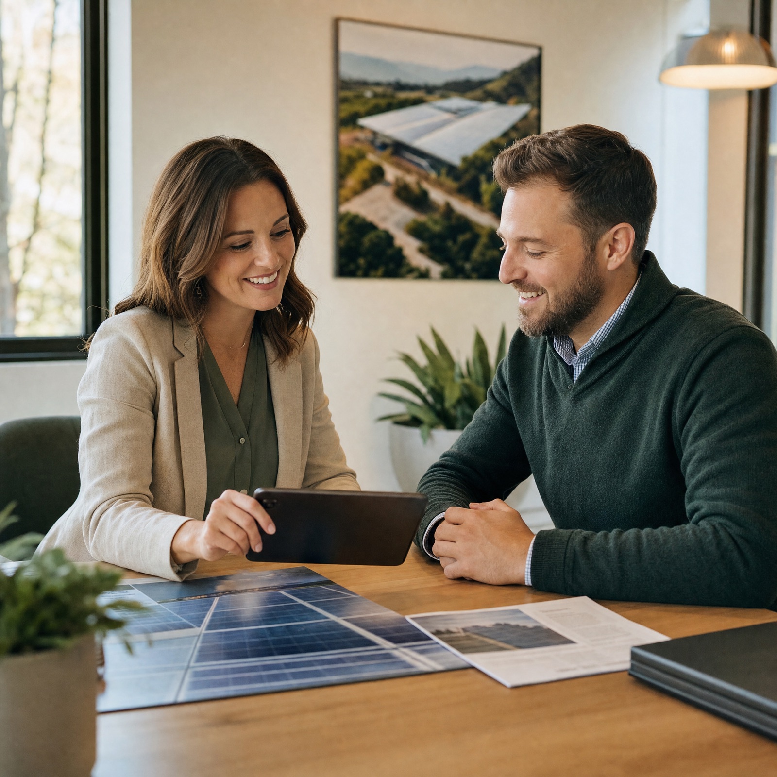 Two professionals reviewing a commercial solar proposal on a tablet in a bright office