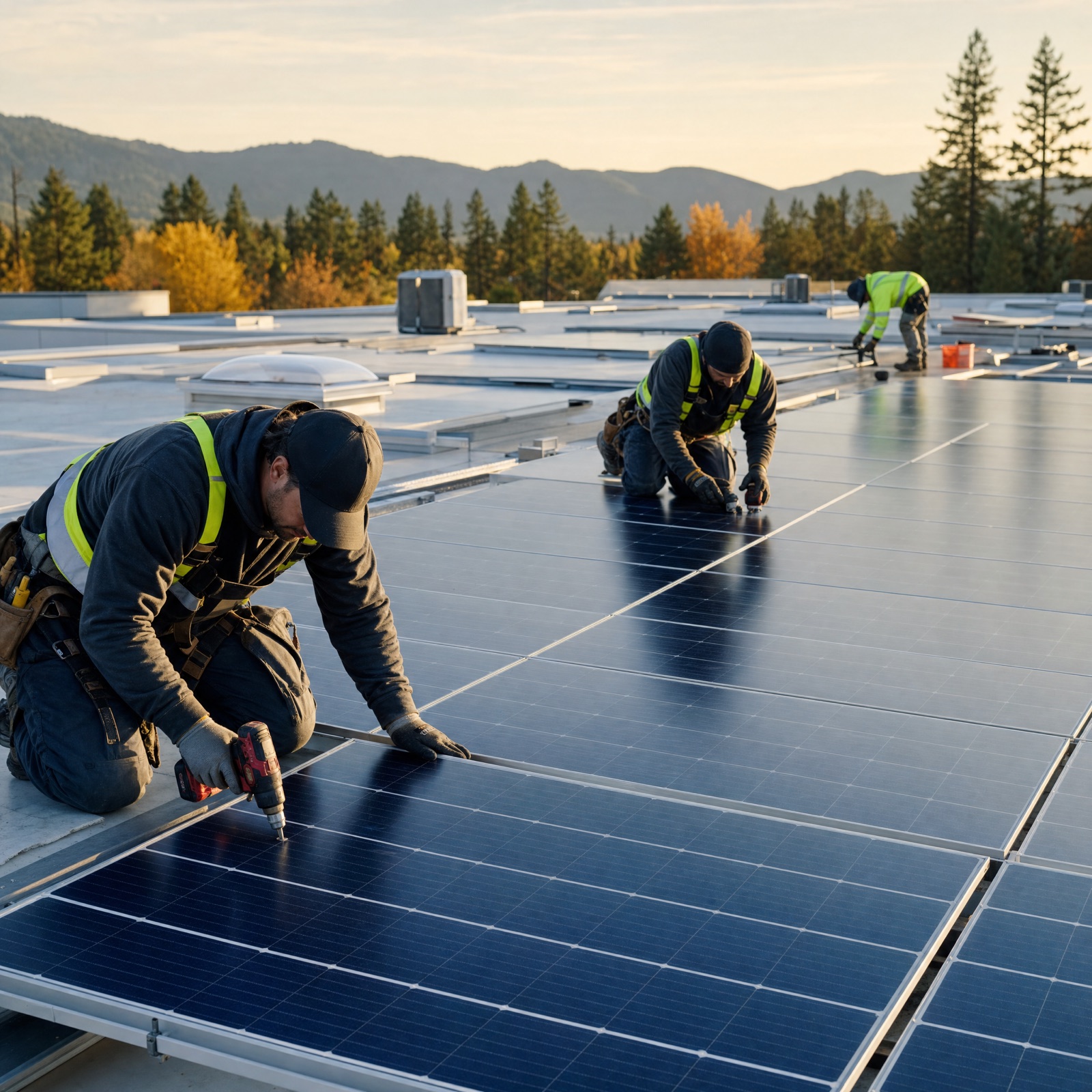 An install crew in hi-vis mounting solar panels on a commercial rooftop at golden hour