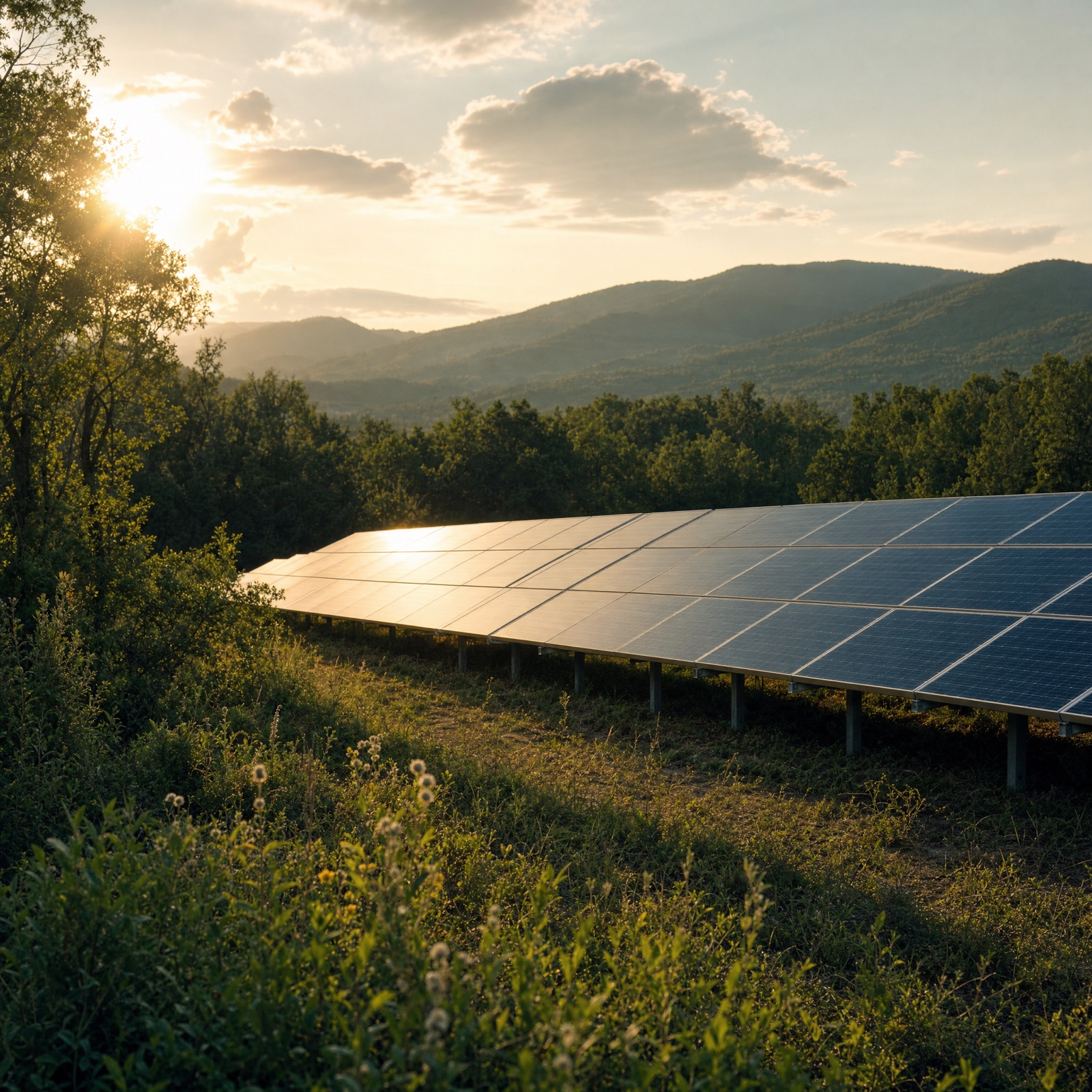 A ground-mount solar array in a green mountain landscape at golden hour