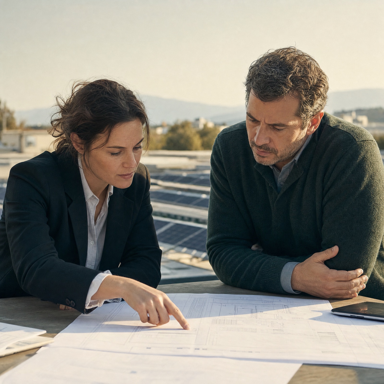 Two professionals reviewing site drawings on a rooftop beside a solar array