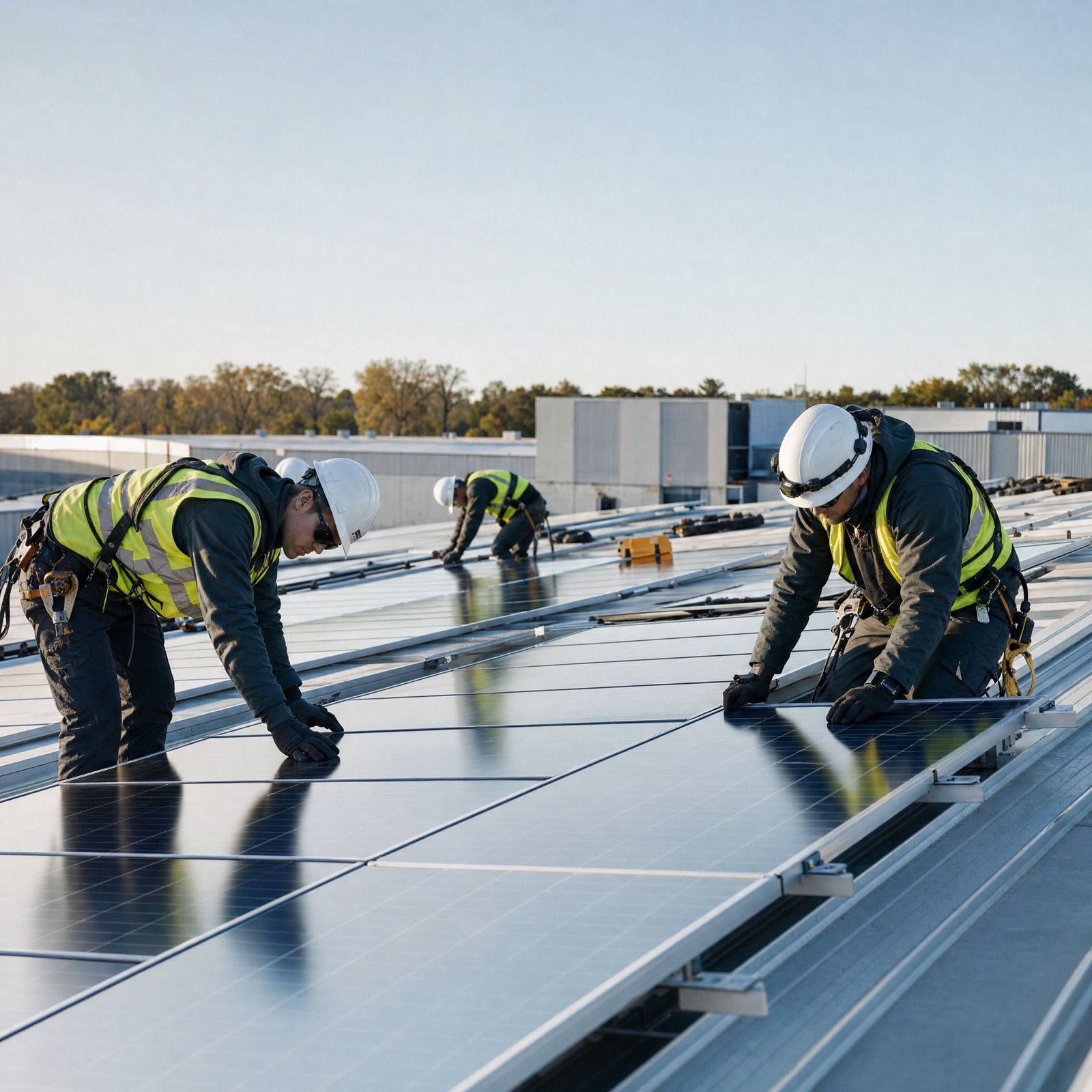 An install crew mounting solar panels on a large commercial rooftop