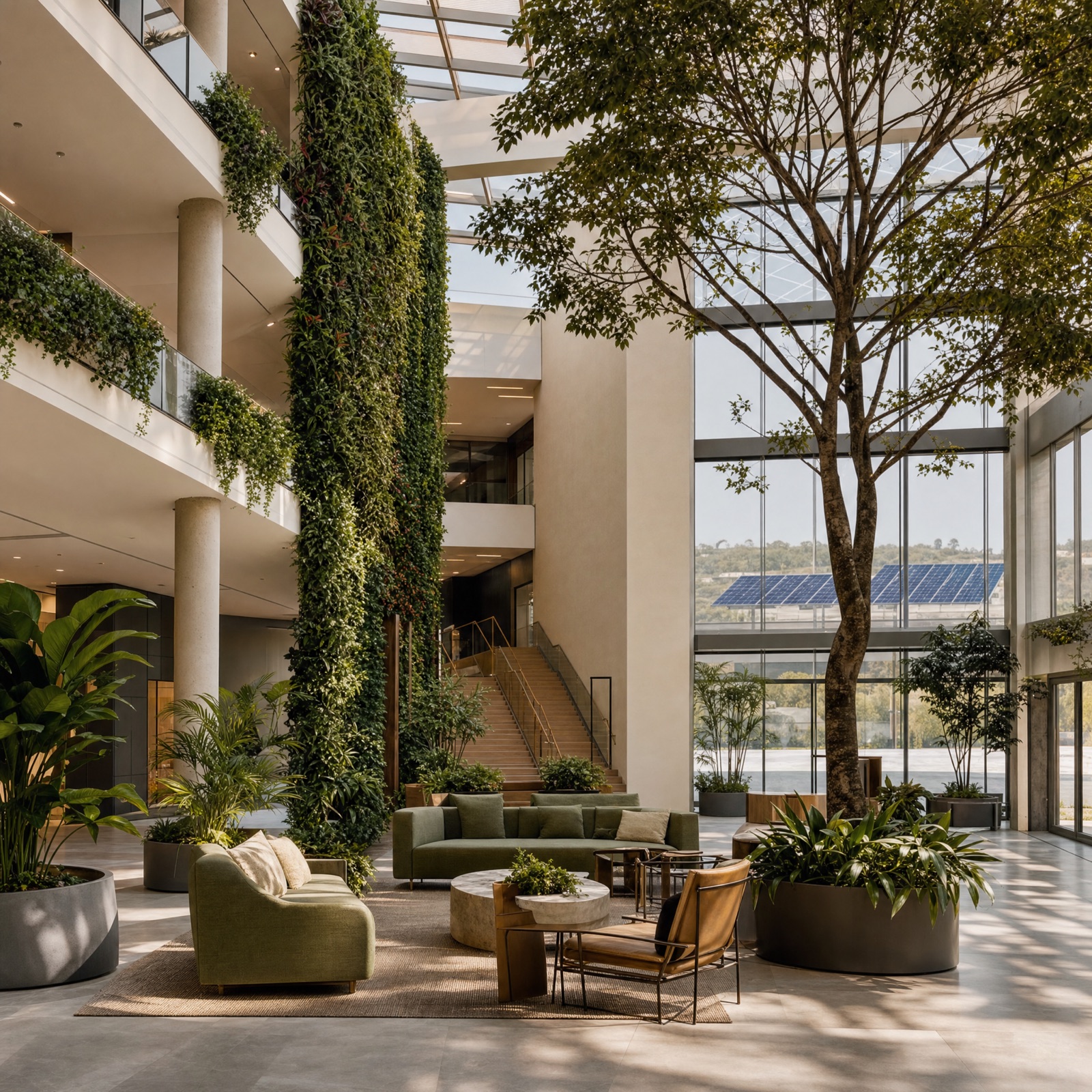 A modern corporate atrium with a living green wall, trees, and daylight