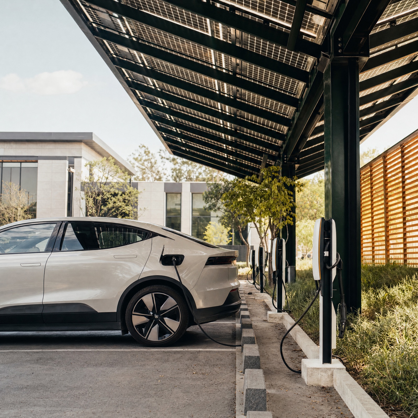 An EV charging under a solar carport canopy at a commercial site