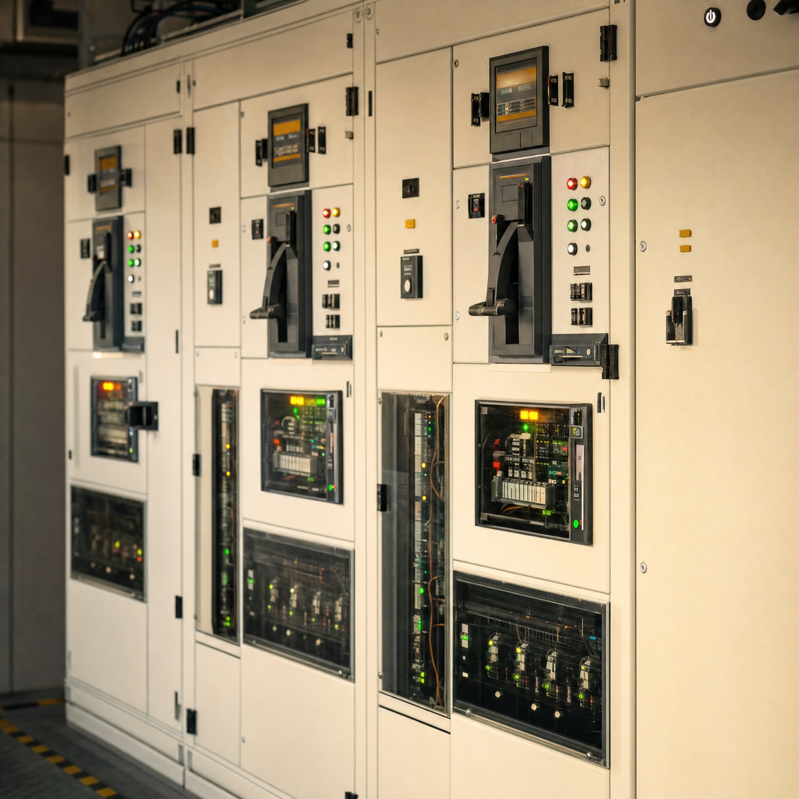 A row of electrical switchgear and power-quality panels