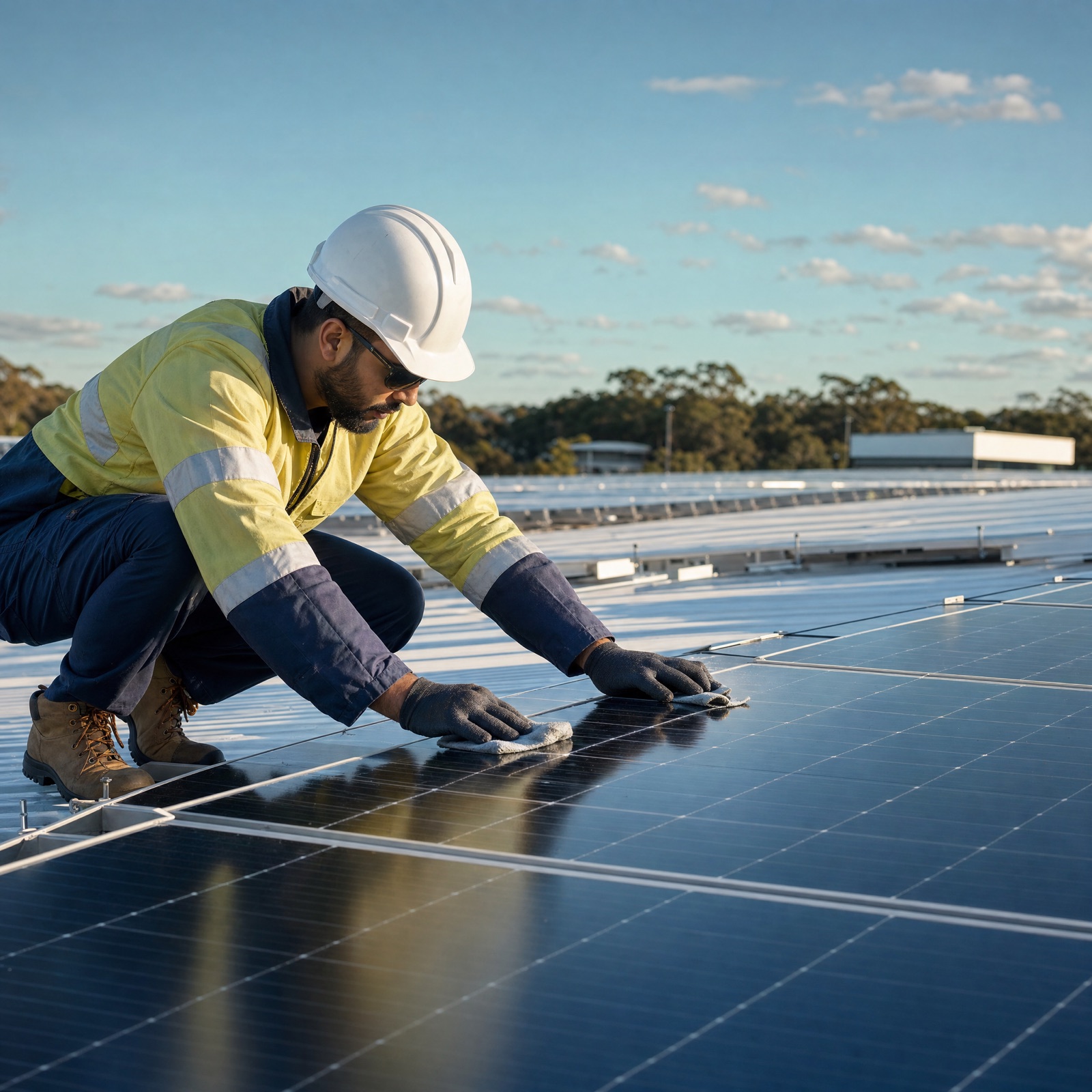 A technician in hi-vis cleaning rooftop solar panels under a clear sky