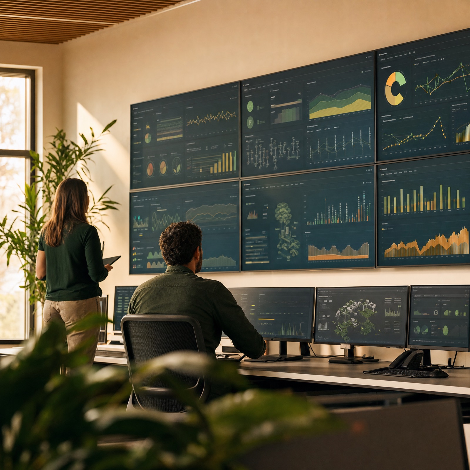 An operations room with energy dashboards on a video wall