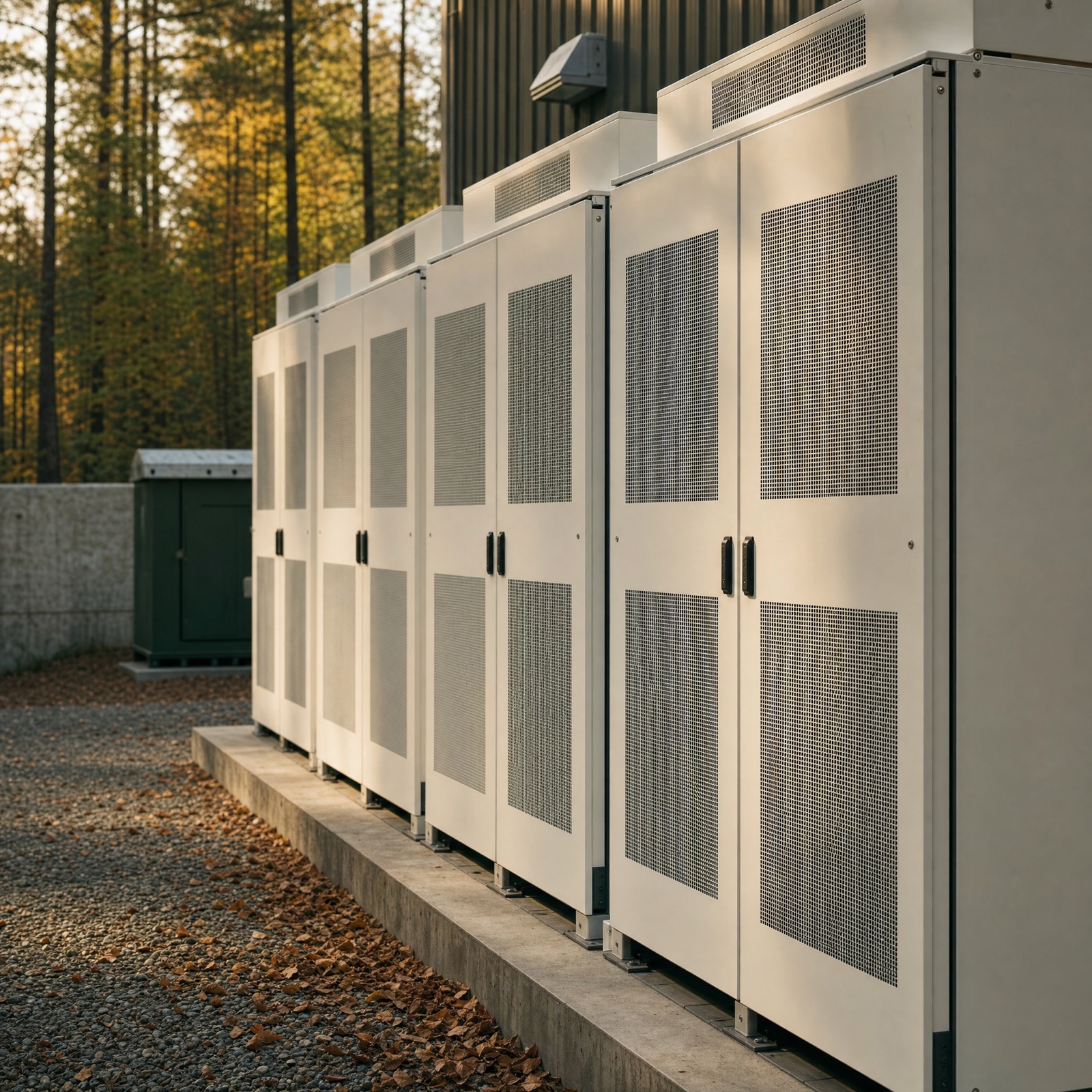 Outdoor battery energy storage cabinets beside a facility