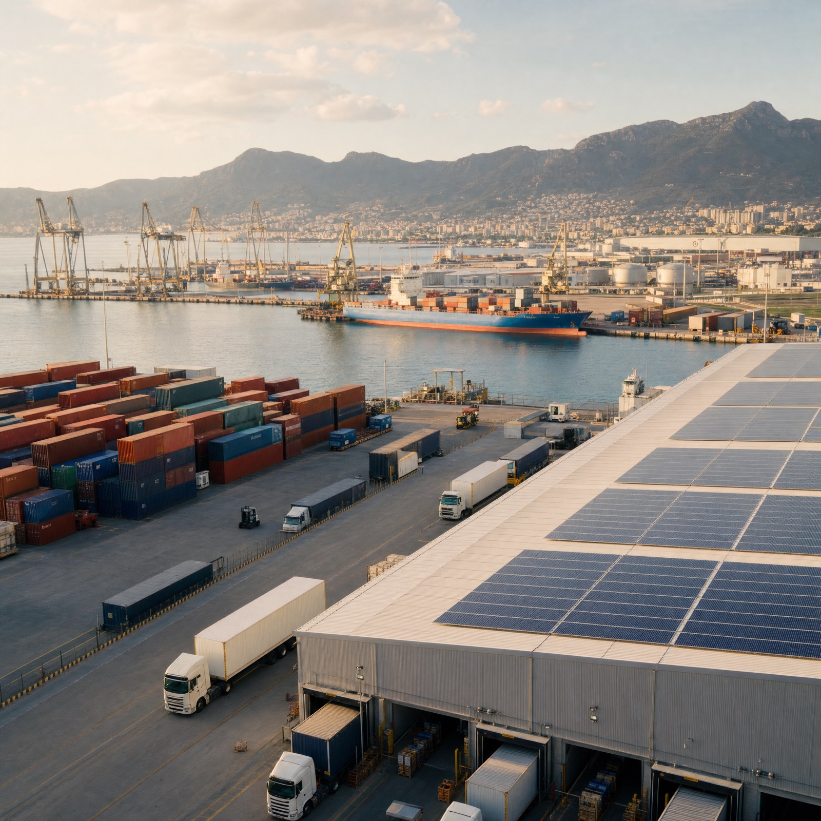 A port and distribution hub with containers, trucks, and a solar-topped warehouse